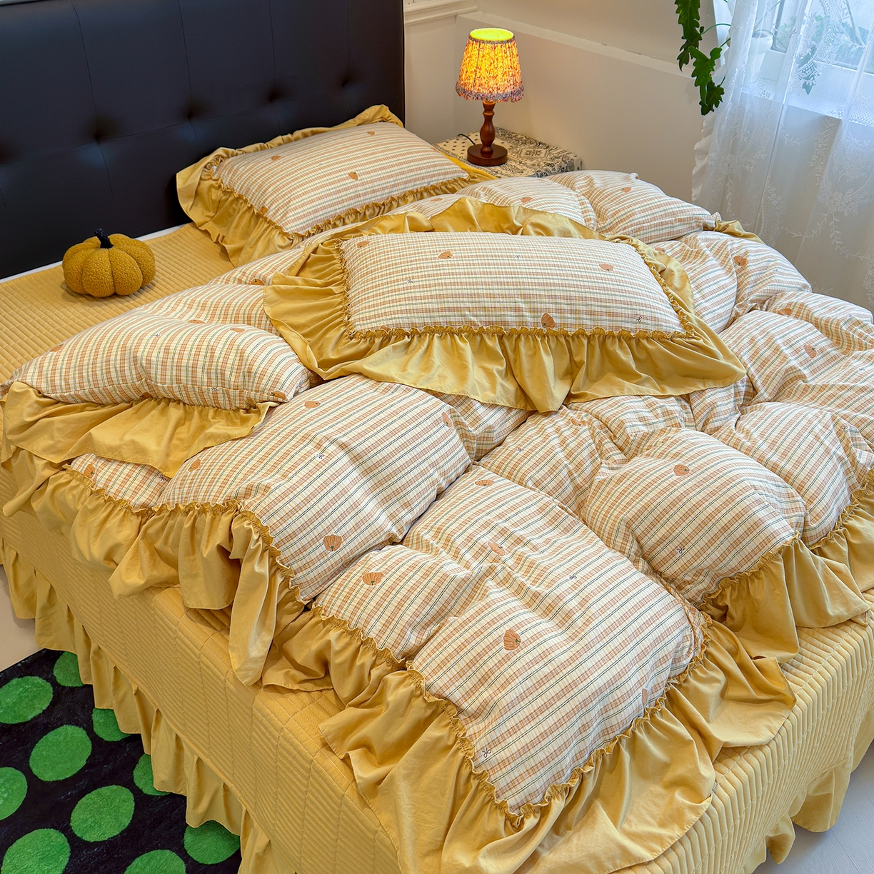 91家纺网 家纺一手货源 找家纺 （总）赫梵茜 2026新款韩系古法韩国水洗棉仿棉云感棉大布袋法式浪漫大花边床盖四件套