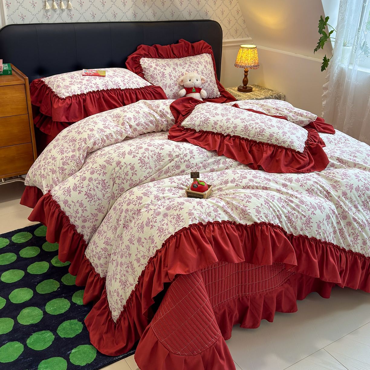 91家纺网 家纺一手货源 找家纺 （总）赫梵茜 2026新款韩系古法韩国水洗棉仿棉云感棉大布袋法式浪漫大花边床盖四件套