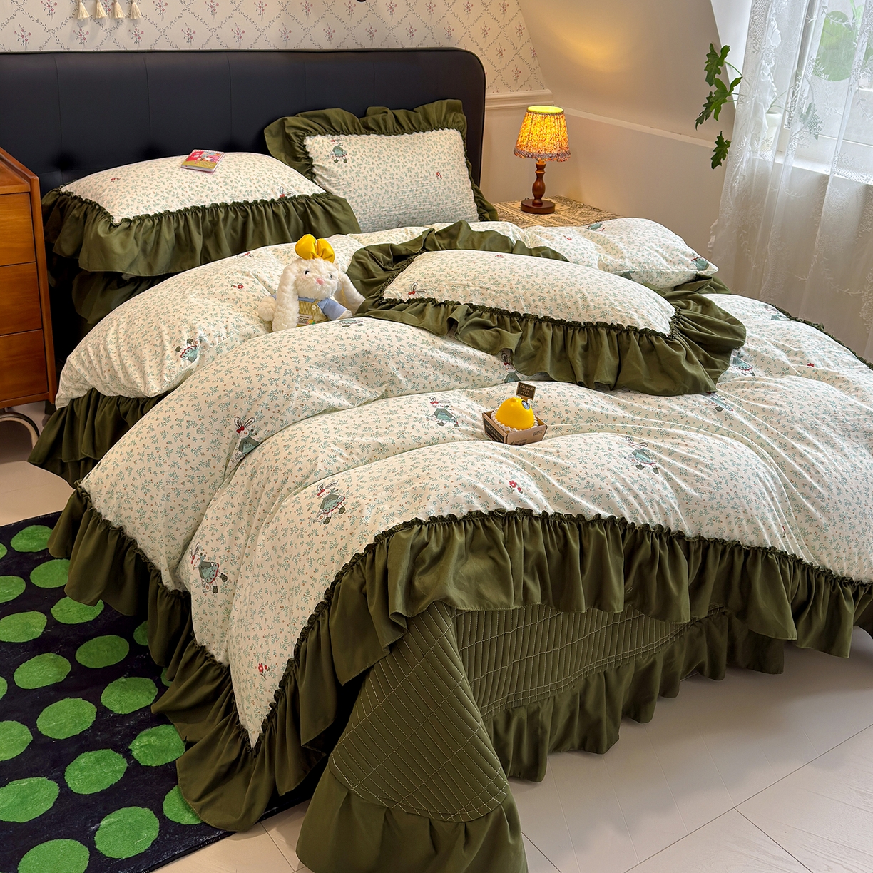 91家纺网 家纺一手货源 找家纺 （总）赫梵茜 2026新款韩系古法韩国水洗棉仿棉云感棉大布袋法式浪漫大花边床盖四件套