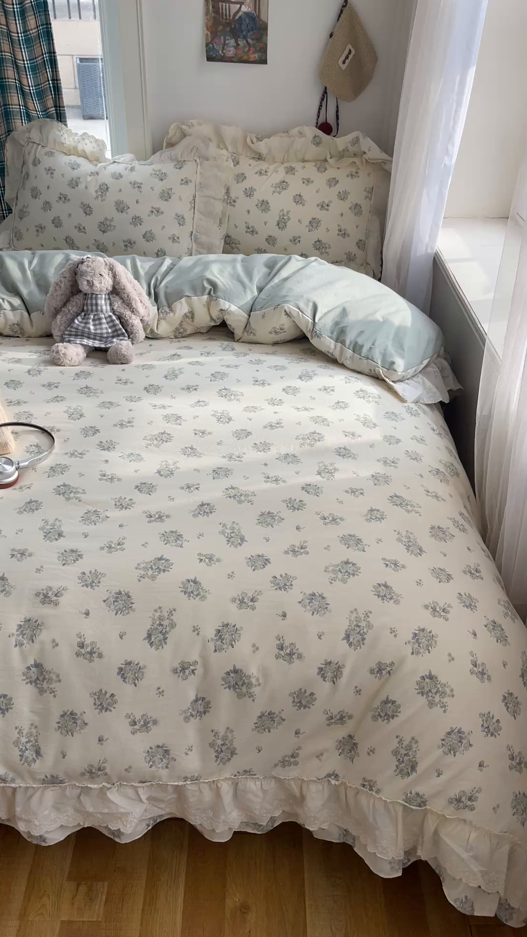 91家纺网 家纺一手货源 找家纺 韩都家居 2026春夏新款古法仿棉蕾丝花边四件套 青提碎花