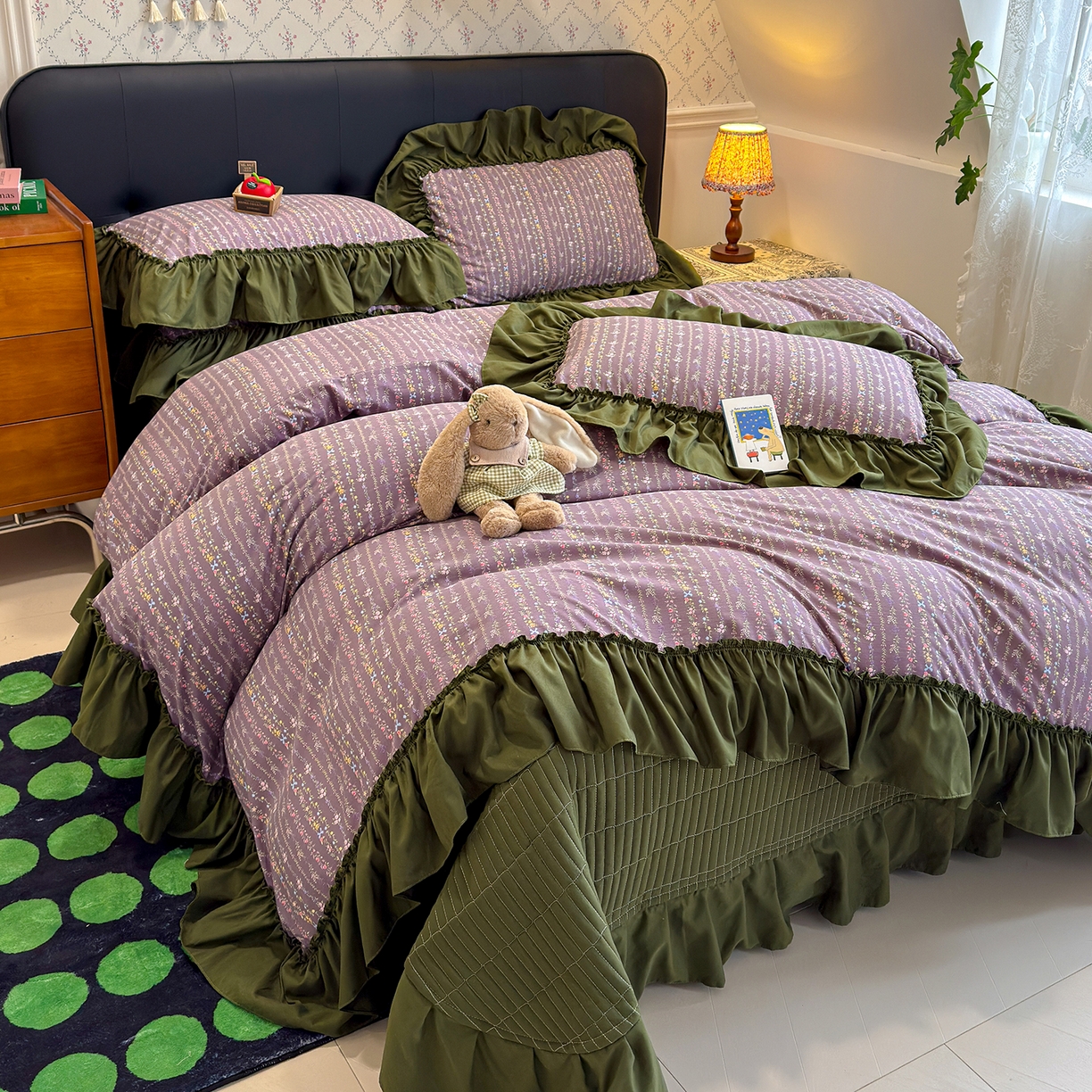 91家纺网 家纺一手货源 找家纺 赫梵茜 2026新款韩系古法韩国水洗棉仿棉云感棉大布袋法式浪漫大花边床盖四件套 沭雅-紫