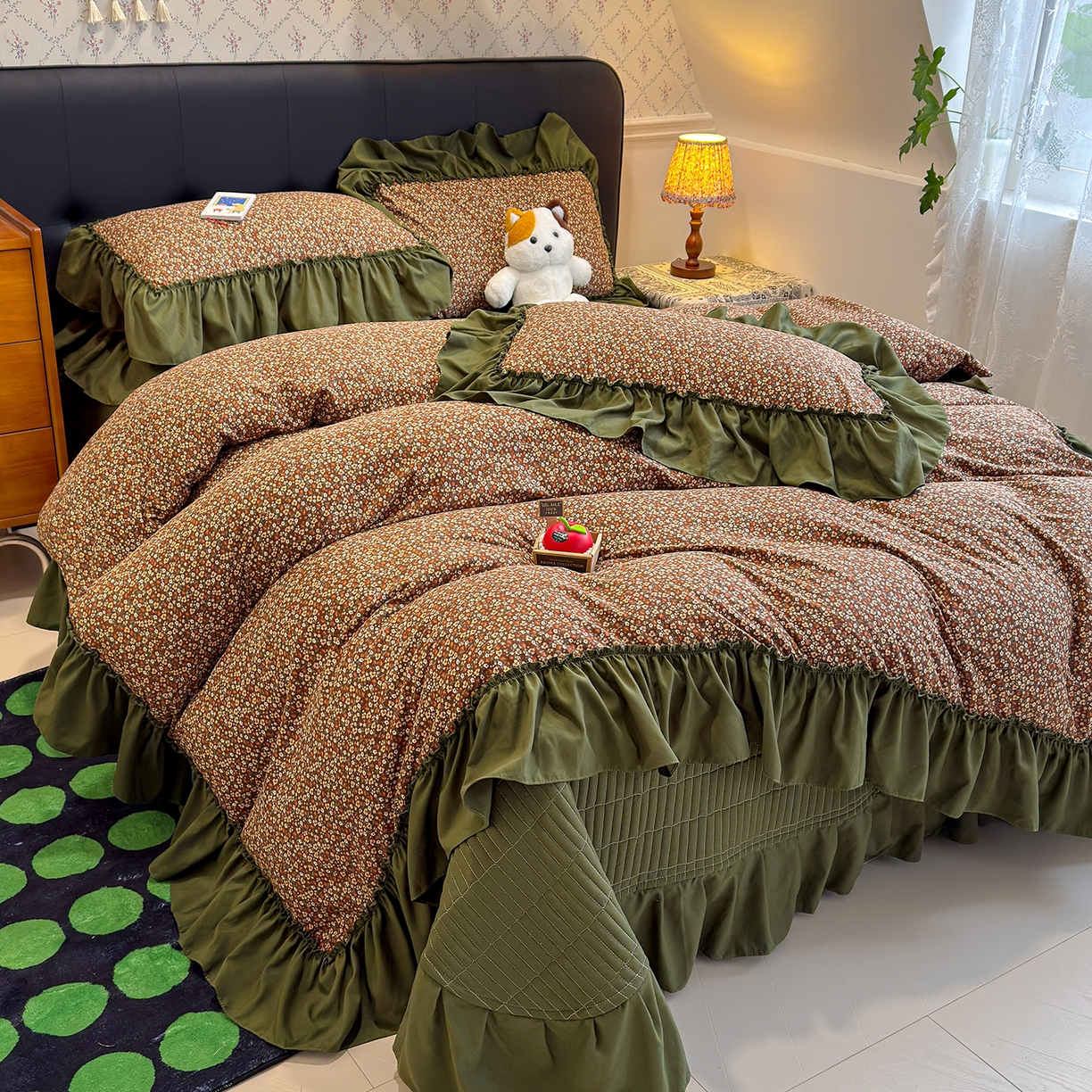 91家纺网 家纺一手货源 找家纺 （总）赫梵茜 2026新款韩系古法韩国水洗棉仿棉云感棉大布袋法式浪漫大花边床盖四件套