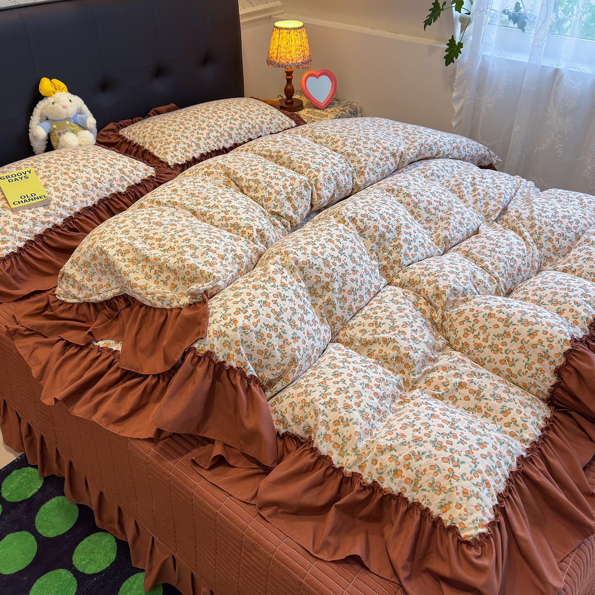 91家纺网 家纺一手货源 找家纺 赫梵茜 2026新款韩系古法韩国水洗棉仿棉云感棉大布袋法式浪漫大花边床盖四件套 春华秋实