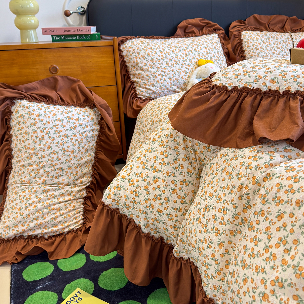 91家纺网 家纺一手货源 找家纺 赫梵茜 2026新款韩系古法韩国水洗棉仿棉云感棉大布袋法式浪漫大花边床盖四件套 春华秋实