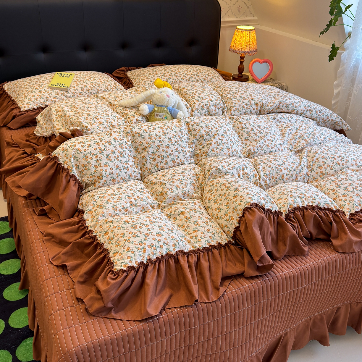 91家纺网 家纺一手货源 找家纺 赫梵茜 2026新款韩系古法韩国水洗棉仿棉云感棉大布袋法式浪漫大花边床盖四件套 春华秋实