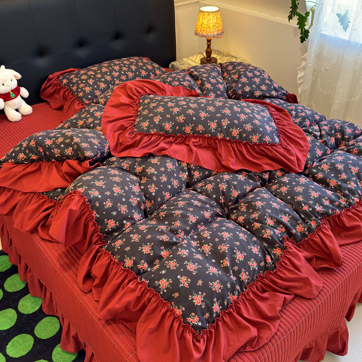 赫梵茜 2026新款韩系古法韩国水洗棉仿棉云感棉大布袋法式浪漫大花边床盖四件套 春季花妖