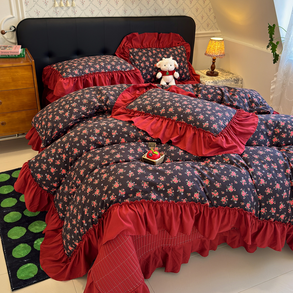 91家纺网 家纺一手货源 找家纺 赫梵茜 2026新款韩系古法韩国水洗棉仿棉云感棉大布袋法式浪漫大花边床盖四件套 春季花妖