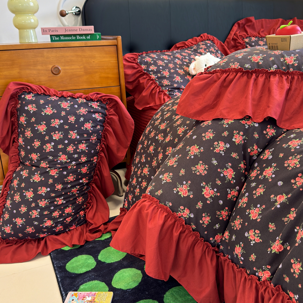 91家纺网 家纺一手货源 找家纺 赫梵茜 2026新款韩系古法韩国水洗棉仿棉云感棉大布袋法式浪漫大花边床盖四件套 春季花妖