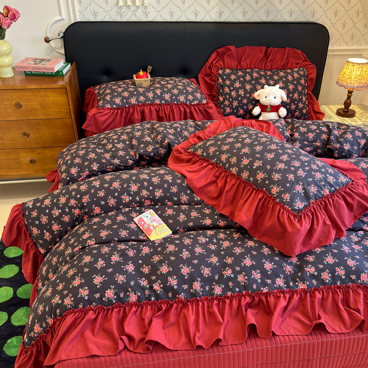 91家纺网 家纺一手货源 找家纺 赫梵茜 2026新款韩系古法韩国水洗棉仿棉云感棉大布袋法式浪漫大花边床盖四件套 春季花妖