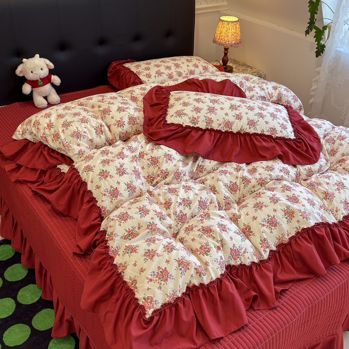 赫梵茜 2026新款韩系古法韩国水洗棉仿棉云感棉大布袋法式浪漫大花边床盖四件套 春季梨花落