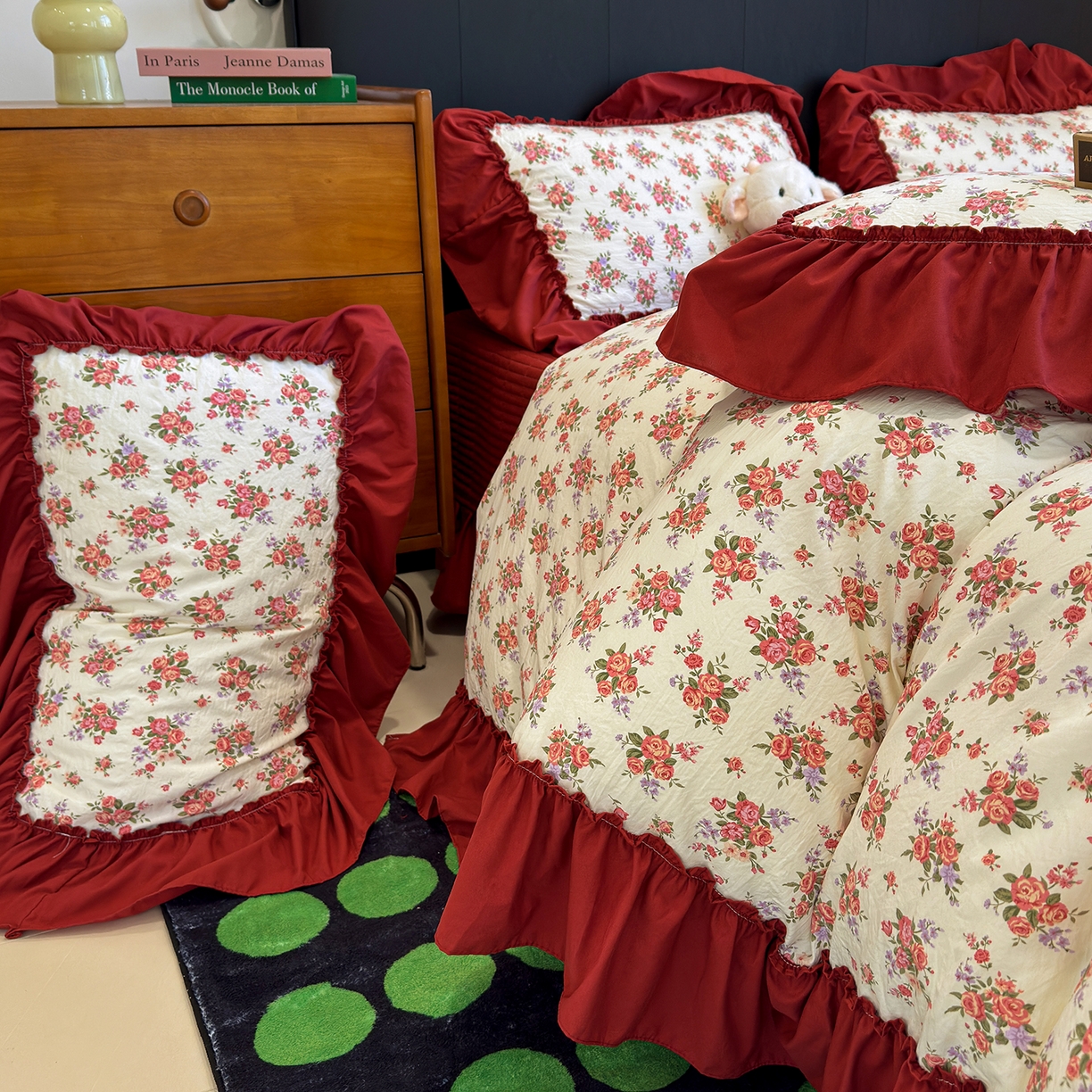 91家纺网 家纺一手货源 找家纺 赫梵茜 2026新款韩系古法韩国水洗棉仿棉云感棉大布袋法式浪漫大花边床盖四件套 春季梨花落