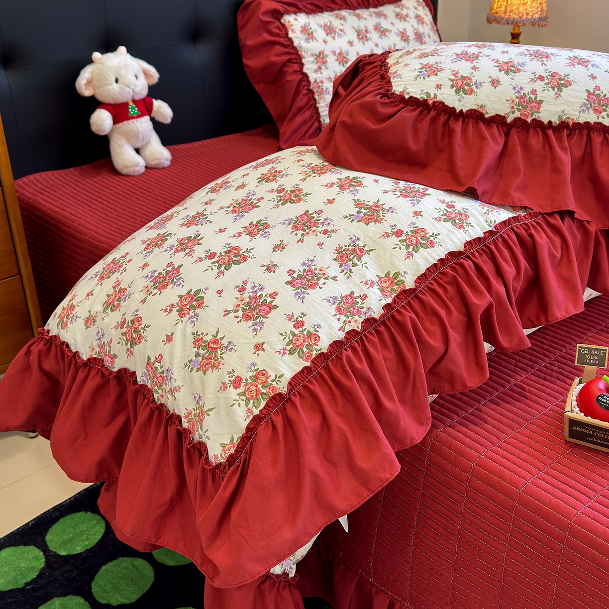 91家纺网 家纺一手货源 找家纺 赫梵茜 2026新款韩系古法韩国水洗棉仿棉云感棉大布袋法式浪漫大花边床盖四件套 春季梨花落