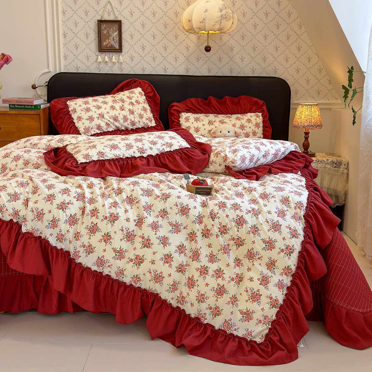 91家纺网 家纺一手货源 找家纺 赫梵茜 2026新款韩系古法韩国水洗棉仿棉云感棉大布袋法式浪漫大花边床盖四件套 春季梨花落