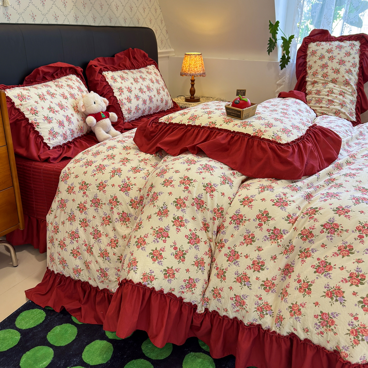 91家纺网 家纺一手货源 找家纺 赫梵茜 2026新款韩系古法韩国水洗棉仿棉云感棉大布袋法式浪漫大花边床盖四件套 春季梨花落