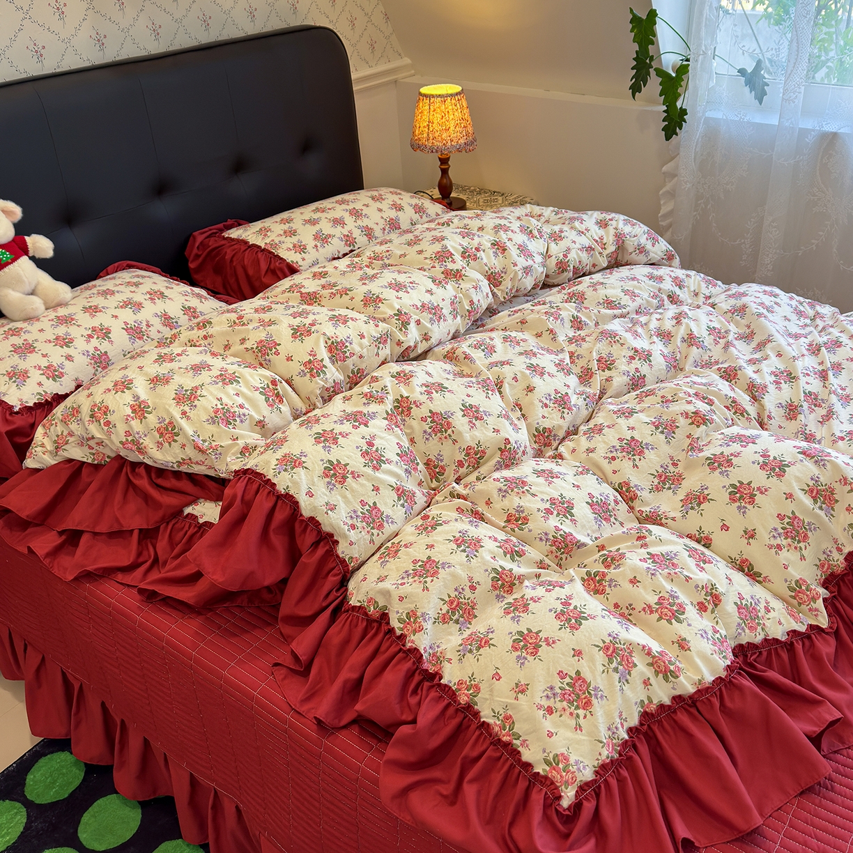 91家纺网 家纺一手货源 找家纺 赫梵茜 2026新款韩系古法韩国水洗棉仿棉云感棉大布袋法式浪漫大花边床盖四件套 春季梨花落