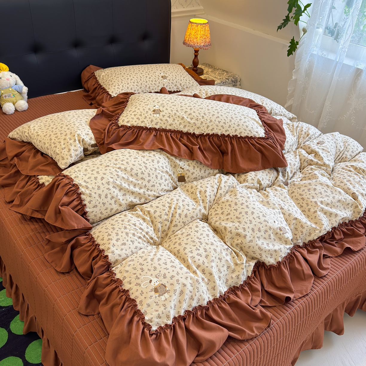 赫梵茜 2026新款韩系古法韩国水洗棉仿棉云感棉大布袋法式浪漫大花边床盖四件套 织梦时空