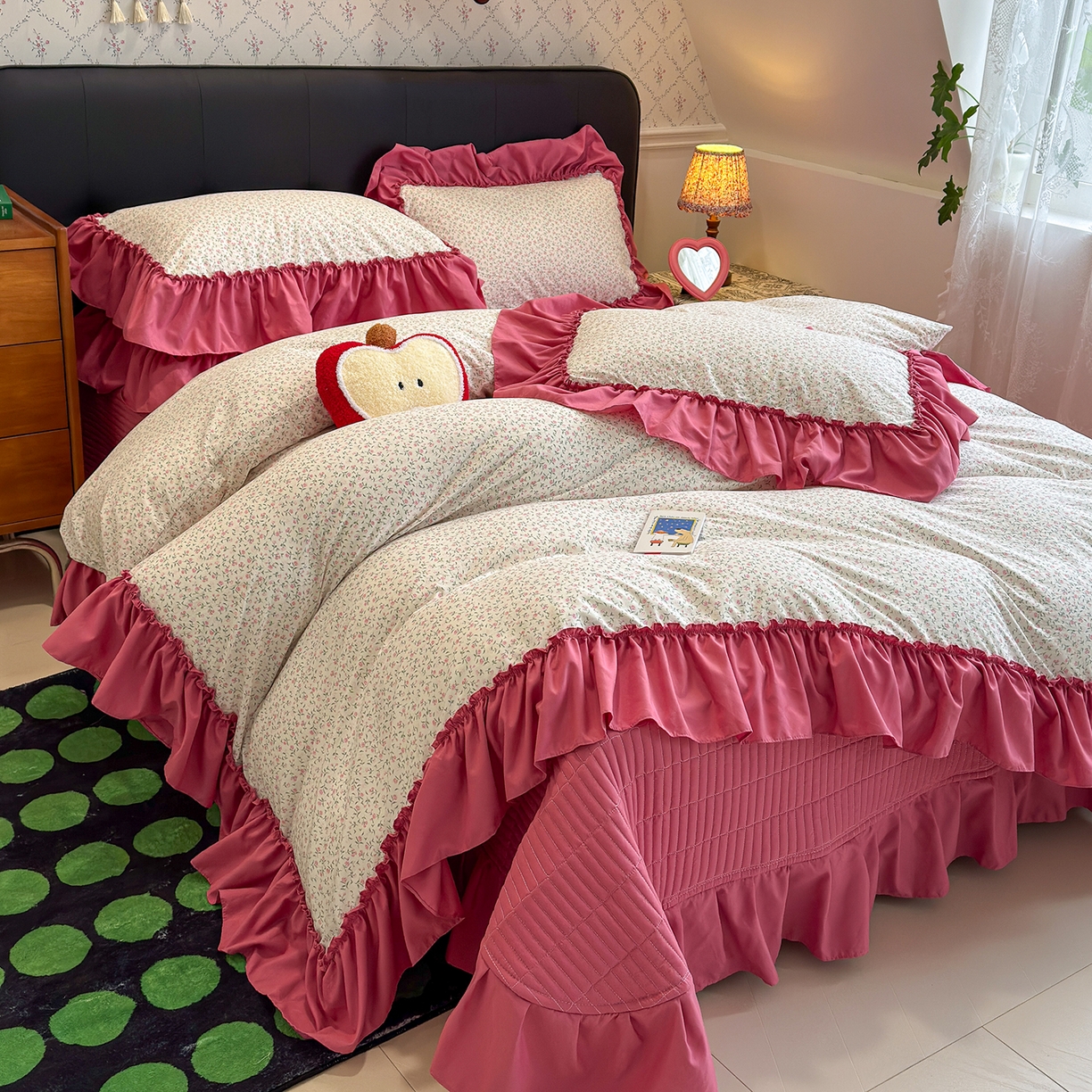 赫梵茜 2026新款韩系古法韩国水洗棉仿棉云感棉大布袋法式浪漫大花边床盖四件套 粉薇