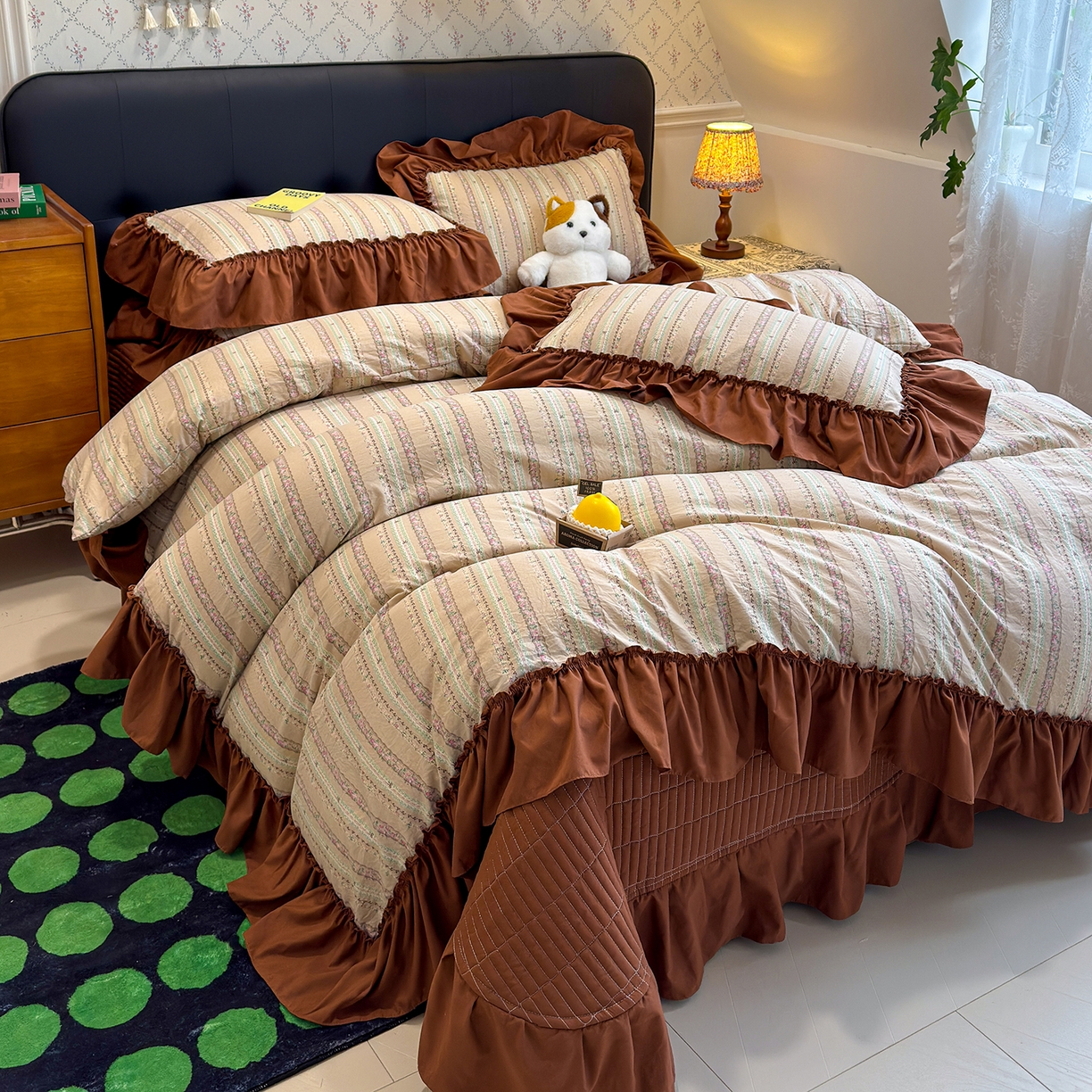 赫梵茜 2026新款韩系古法韩国水洗棉仿棉云感棉大布袋法式浪漫大花边床盖四件套 焦糖玛奇朵