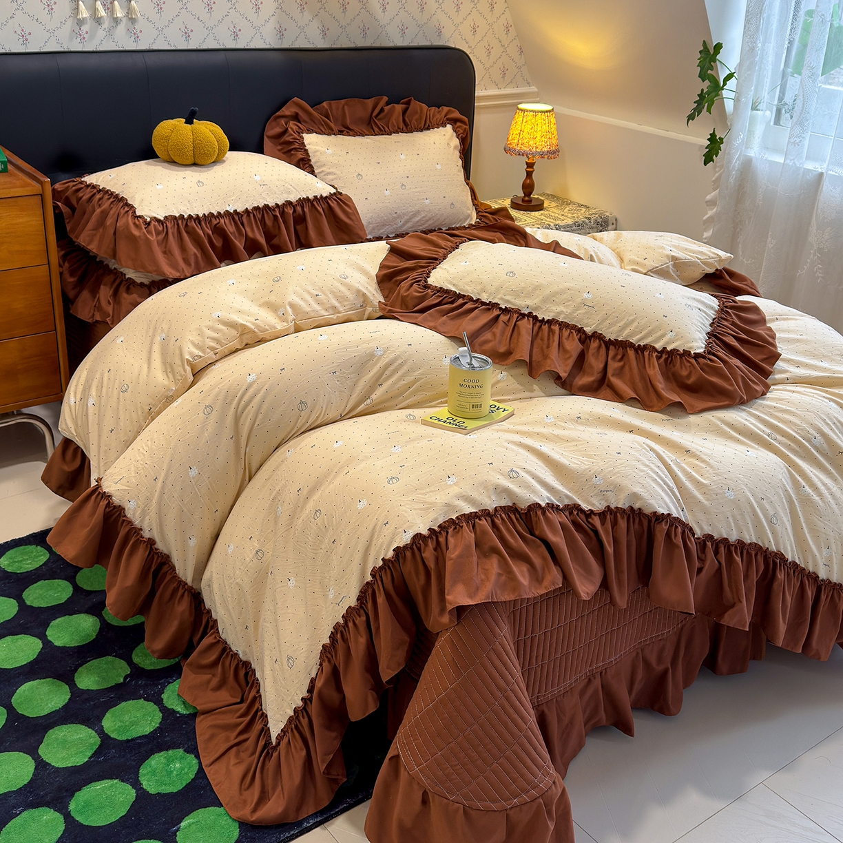 赫梵茜 2026新款韩系古法韩国水洗棉仿棉云感棉大布袋法式浪漫大花边床盖四件套 焦糖南瓜