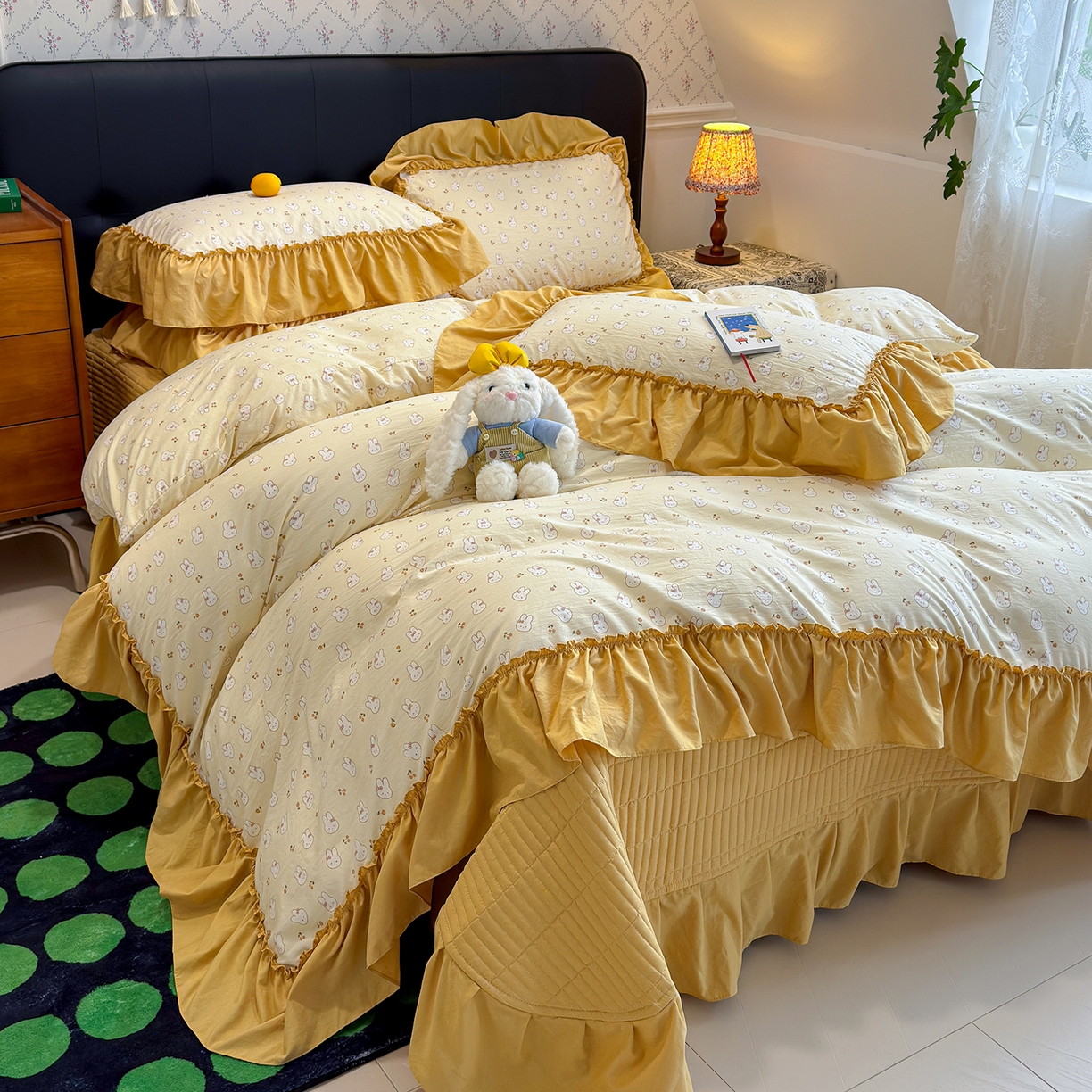 赫梵茜 2026新款韩系古法韩国水洗棉仿棉云感棉大布袋法式浪漫大花边床盖四件套 米菲兔