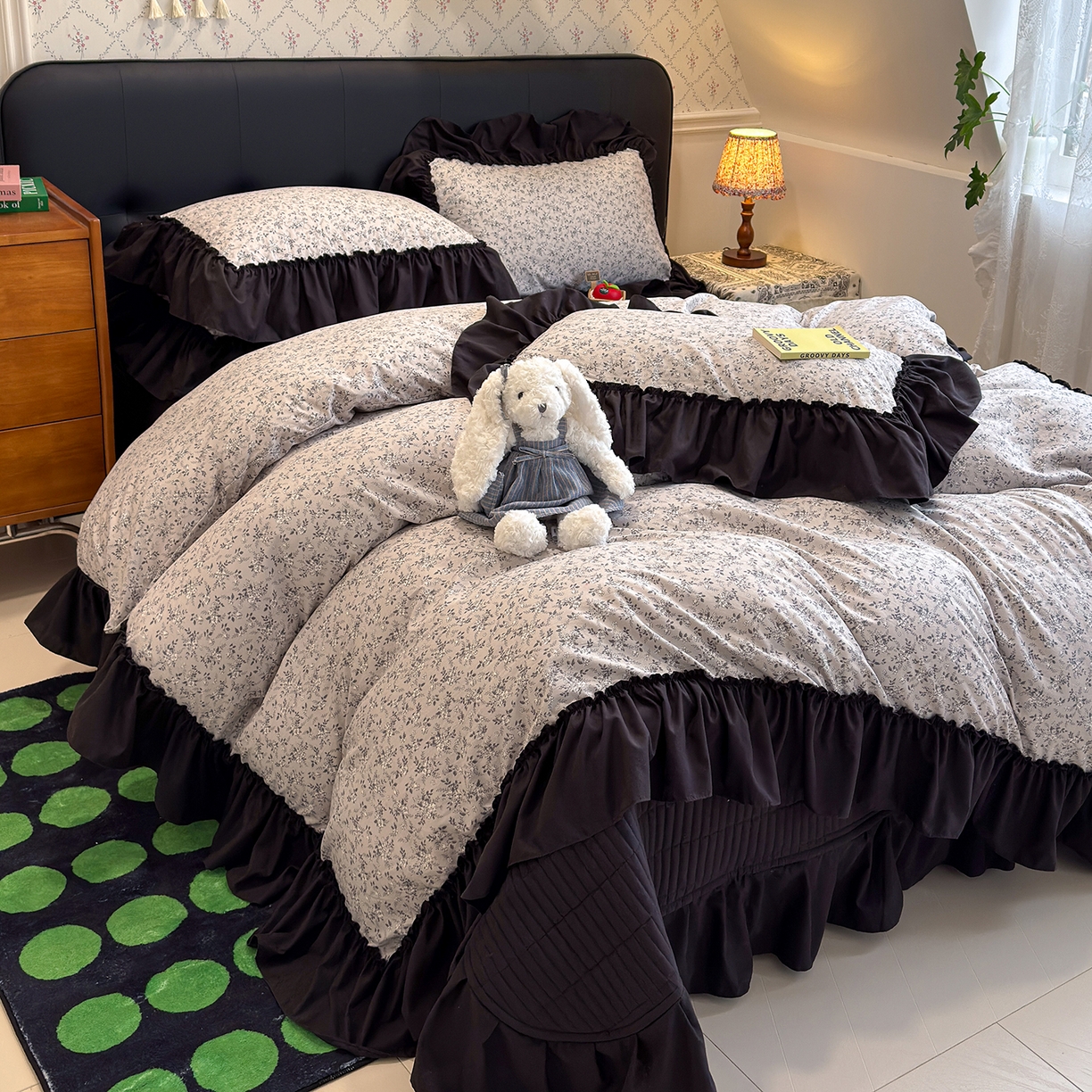 赫梵茜 2026新款韩系古法韩国水洗棉仿棉云感棉大布袋法式浪漫大花边床盖四件套 墨芍