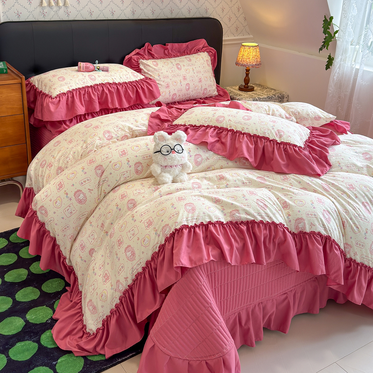 赫梵茜 2026新款韩系古法韩国水洗棉仿棉云感棉大布袋法式浪漫大花边床盖四件套 小奶猫