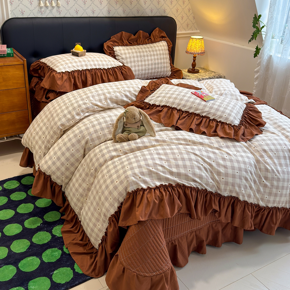 赫梵茜 2026新款韩系古法韩国水洗棉仿棉云感棉大布袋法式浪漫大花边床盖四件套 心动格-咖