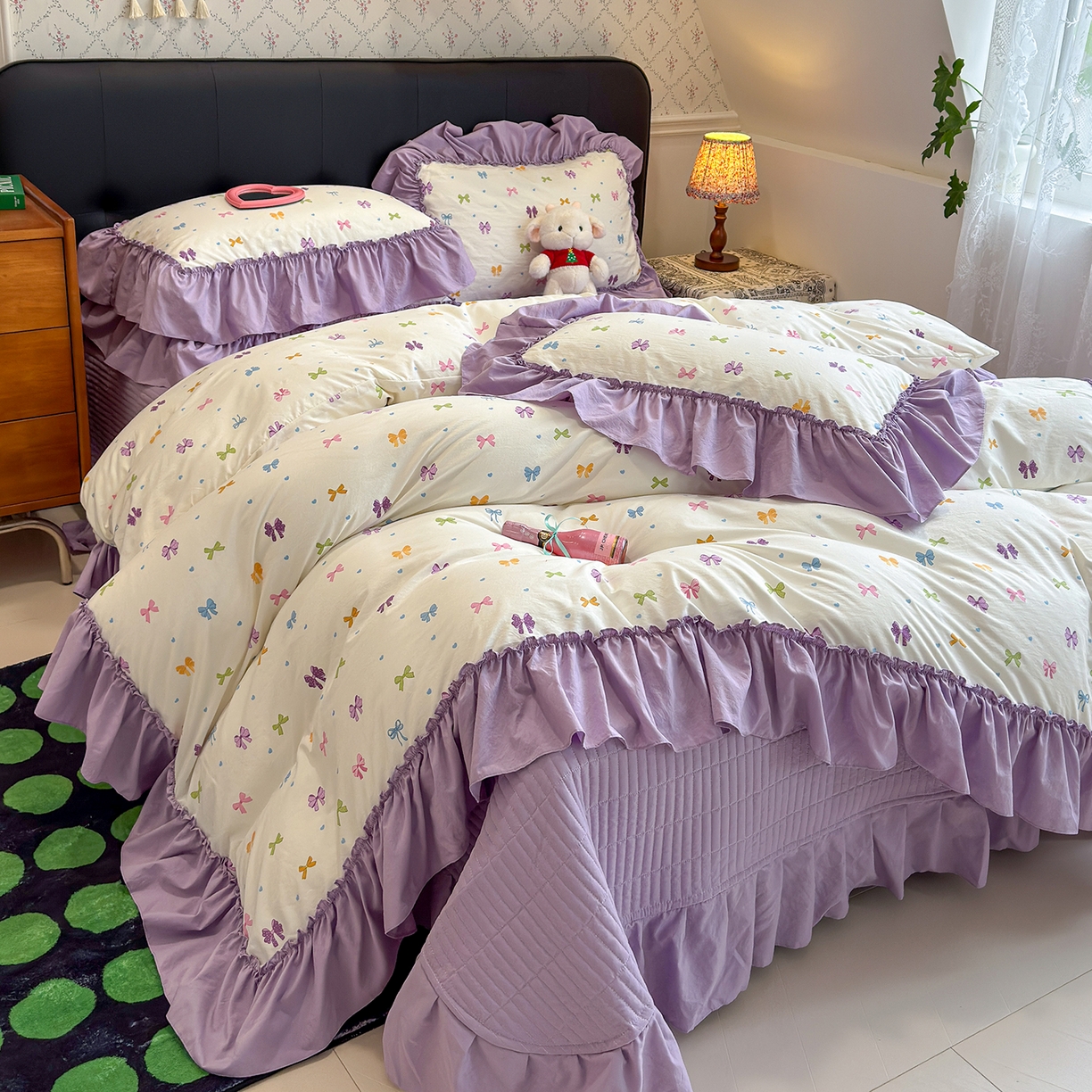 赫梵茜 2026新款韩系古法韩国水洗棉仿棉云感棉大布袋法式浪漫大花边床盖四件套 泫雅蝴蝶结