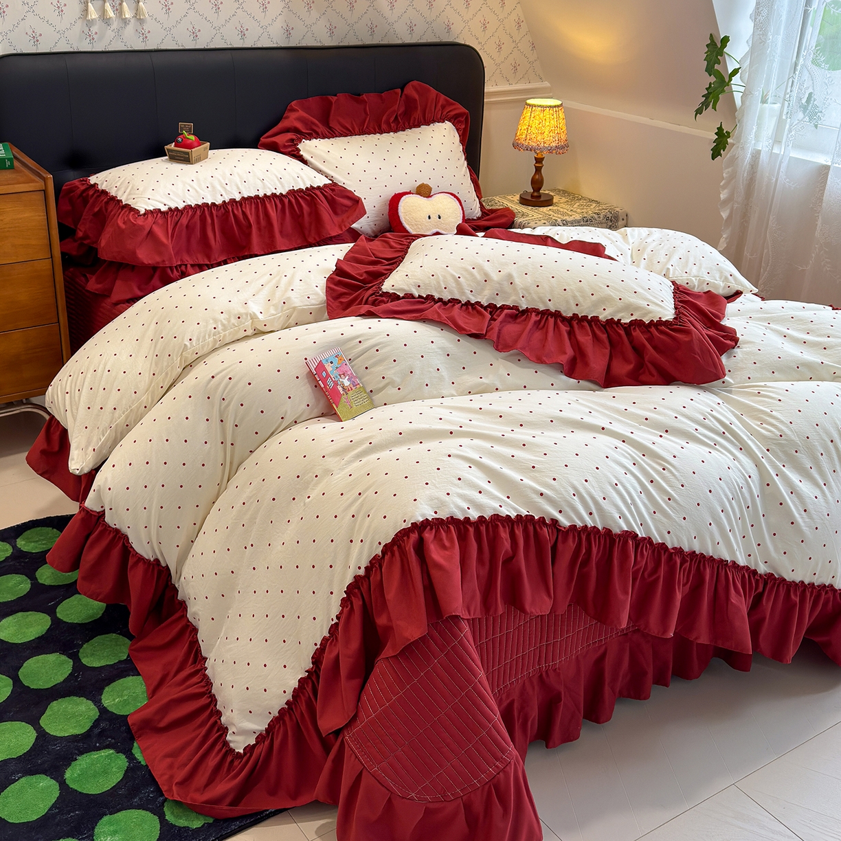 赫梵茜 2026新款韩系古法韩国水洗棉仿棉云感棉大布袋法式浪漫大花边床盖四件套 一点点红-春