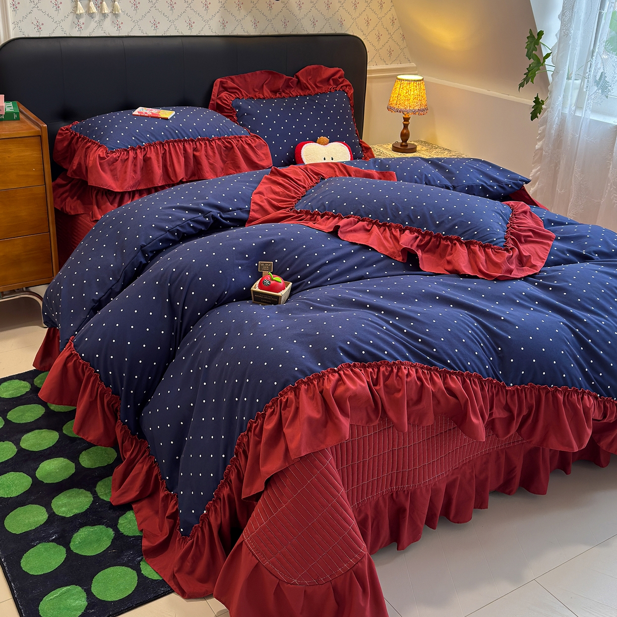 赫梵茜 2026新款韩系古法韩国水洗棉仿棉云感棉大布袋法式浪漫大花边床盖四件套 一点点蓝