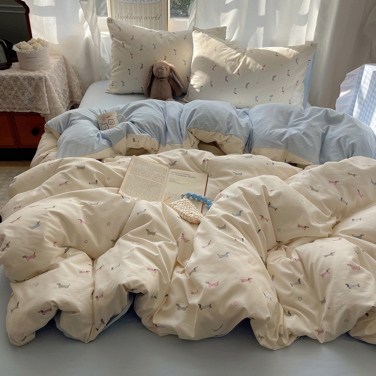 91家纺网 家纺一手货源 找家纺 初夏家纺 2026 古法仿棉水洗棉A类四件套被罩床单三件套床上用品卡通可爱【提供买家秀】 萌犬游记