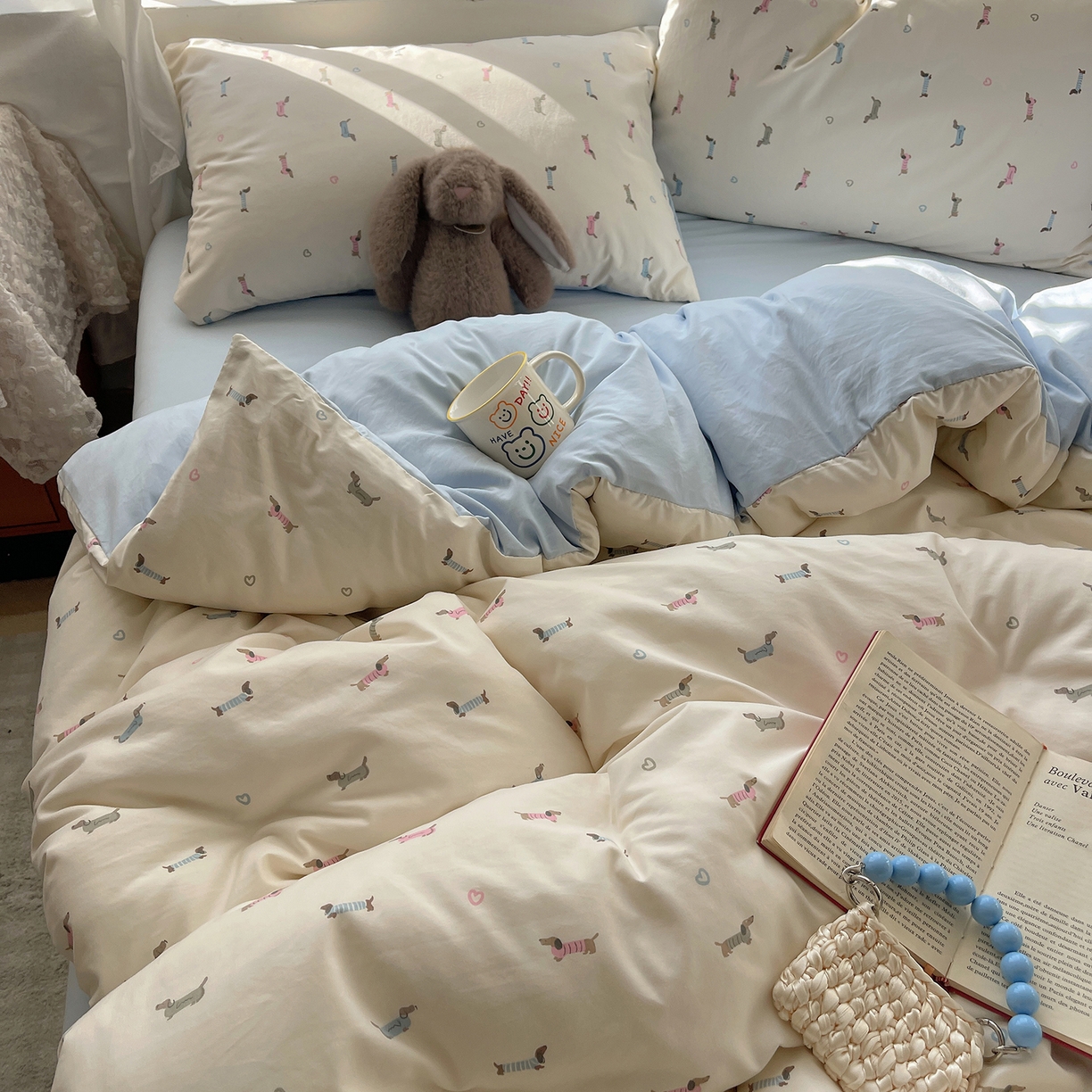 91家纺网 家纺一手货源 找家纺 初夏家纺 2026 古法仿棉水洗棉A类四件套被罩床单三件套床上用品卡通可爱【提供买家秀】 萌犬游记