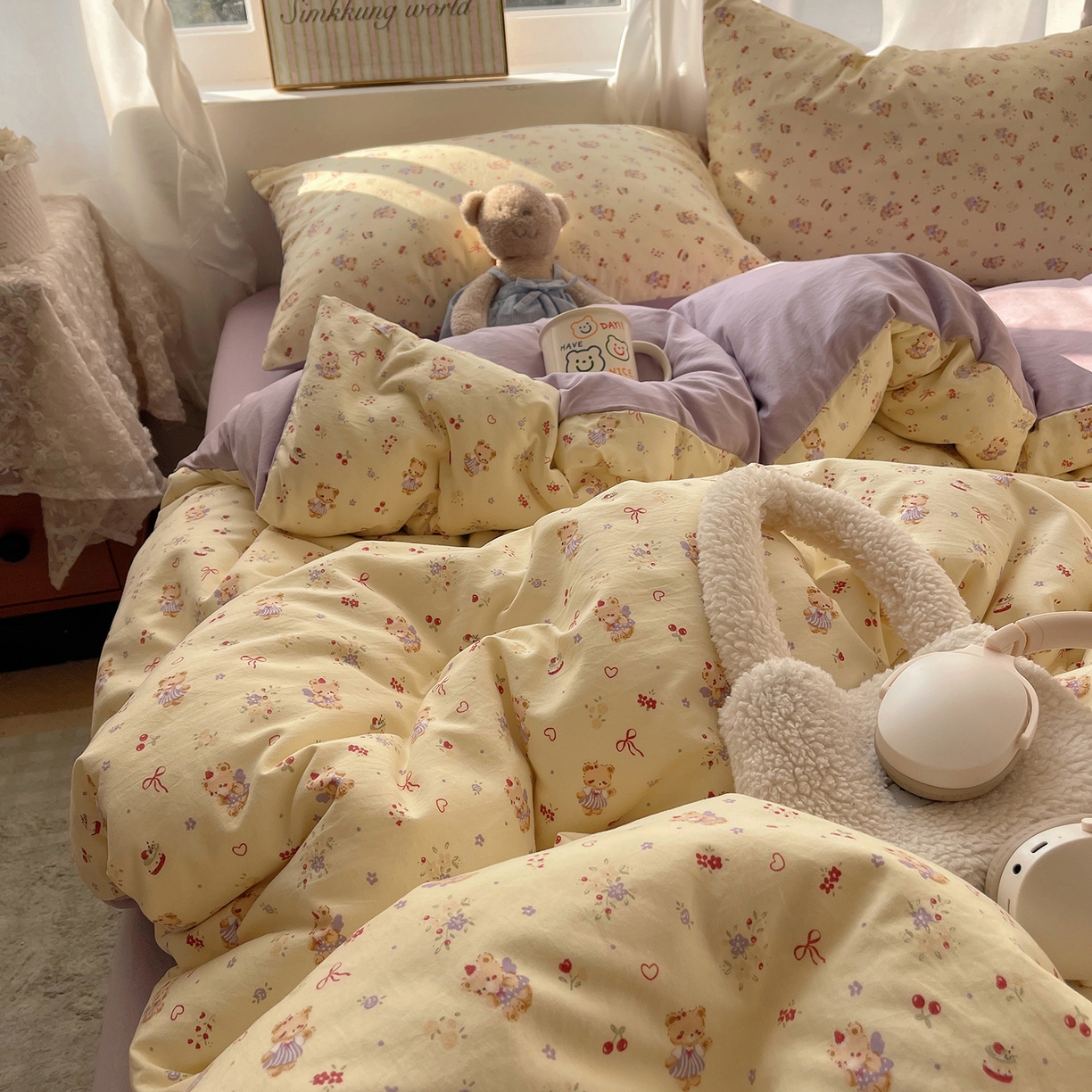 91家纺网 家纺一手货源 找家纺 初夏家纺 2026 古法仿棉水洗棉A类四件套被罩床单三件套床上用品卡通可爱【提供买家秀】 甜心紫熊