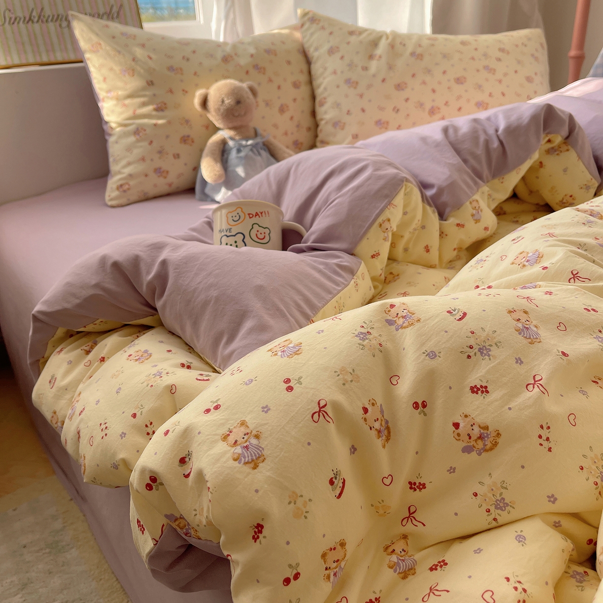 91家纺网 家纺一手货源 找家纺 初夏家纺 2026 古法仿棉水洗棉A类四件套被罩床单三件套床上用品卡通可爱【提供买家秀】 甜心紫熊