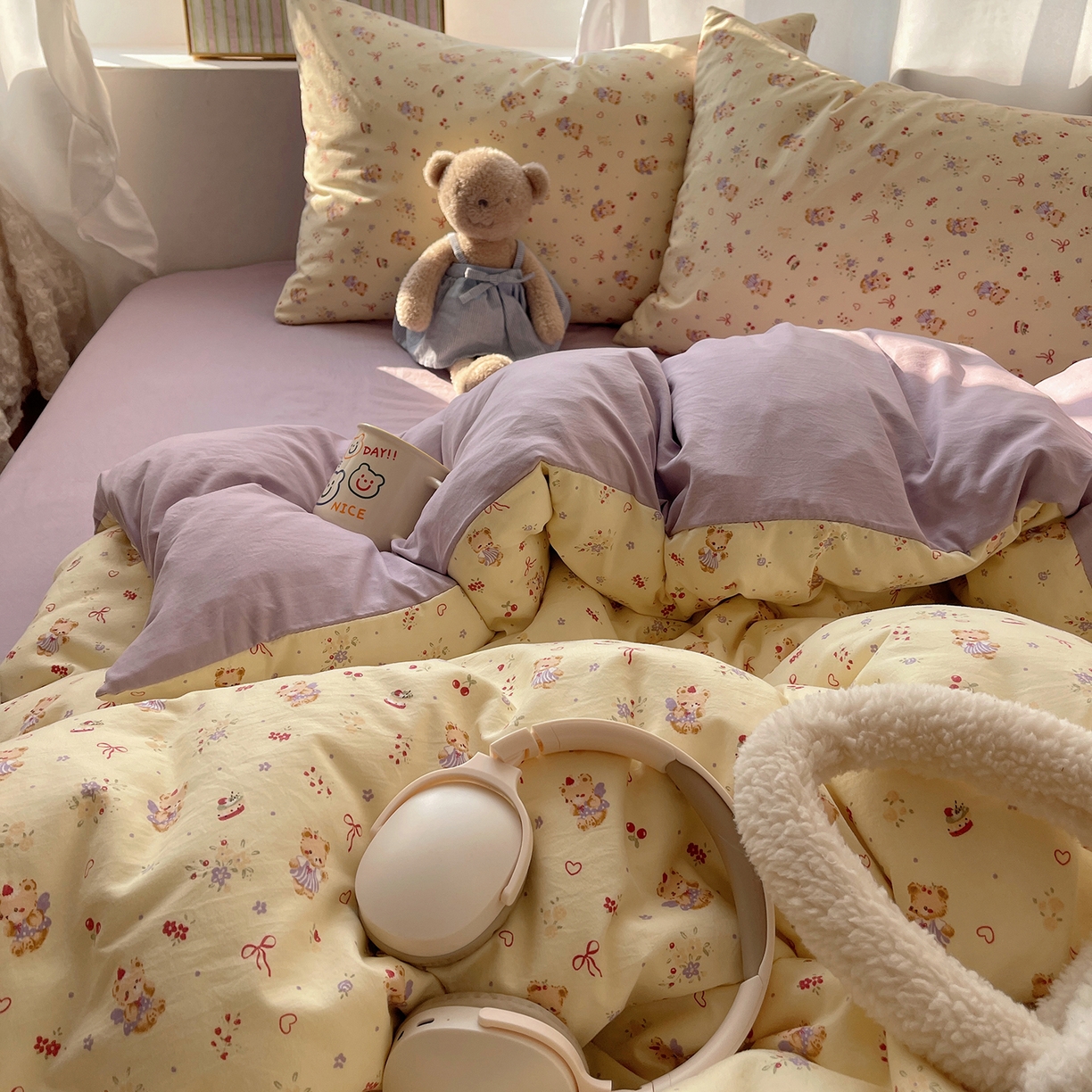 91家纺网 家纺一手货源 找家纺 初夏家纺 2026 古法仿棉水洗棉A类四件套被罩床单三件套床上用品卡通可爱【提供买家秀】 甜心紫熊