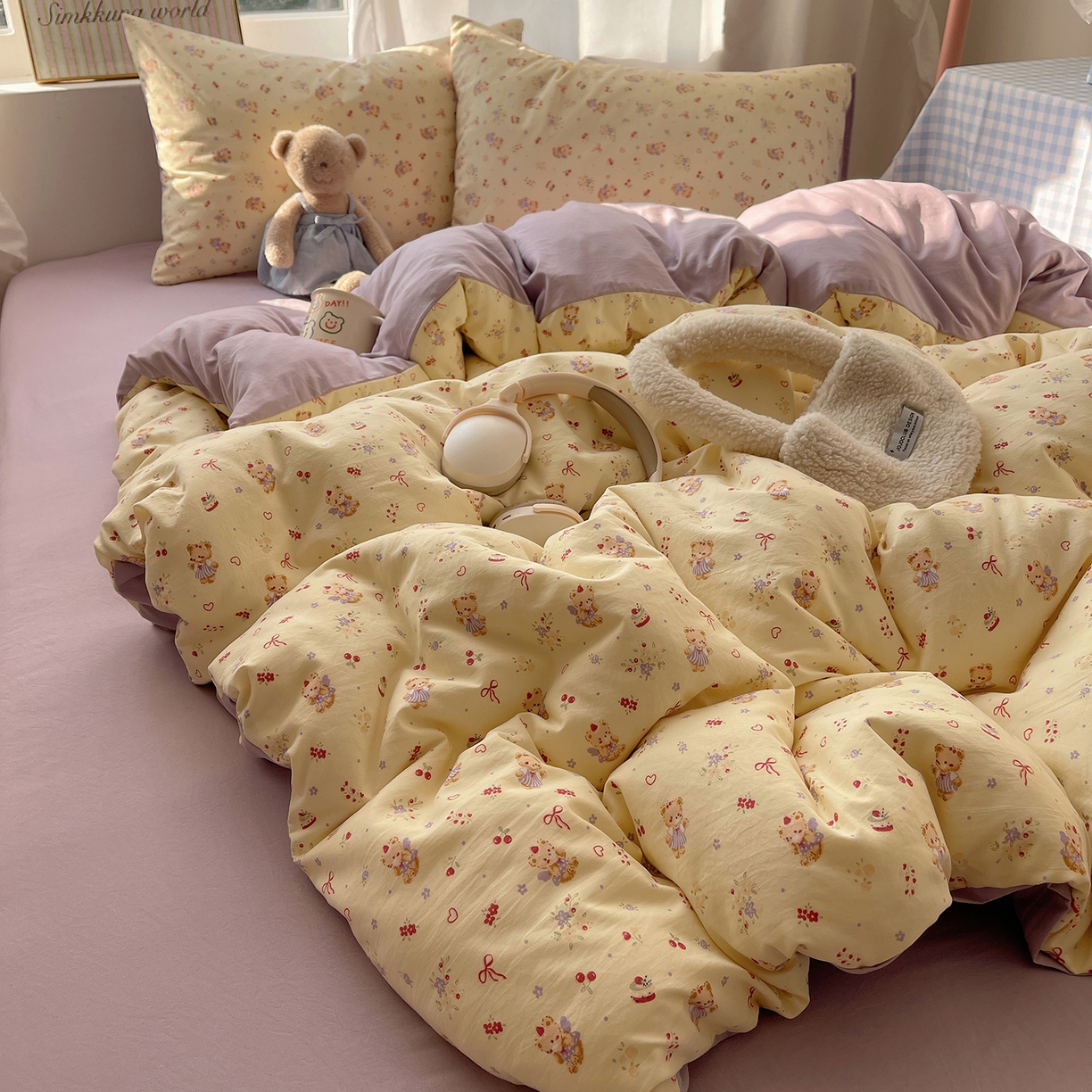 91家纺网 家纺一手货源 找家纺 初夏家纺 2026 古法仿棉水洗棉A类四件套被罩床单三件套床上用品卡通可爱【提供买家秀】 甜心紫熊