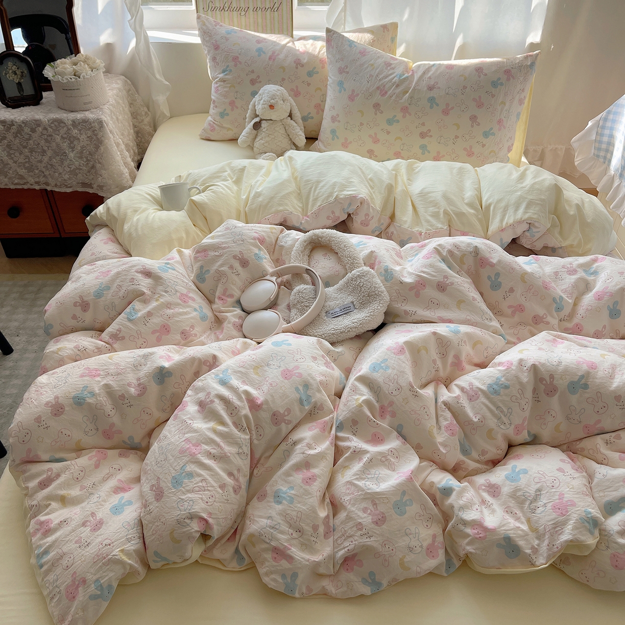 91家纺网 家纺一手货源 找家纺 初夏家纺 2026 古法仿棉水洗棉A类四件套被罩床单三件套床上用品卡通可爱【提供买家秀】 兔耳朵