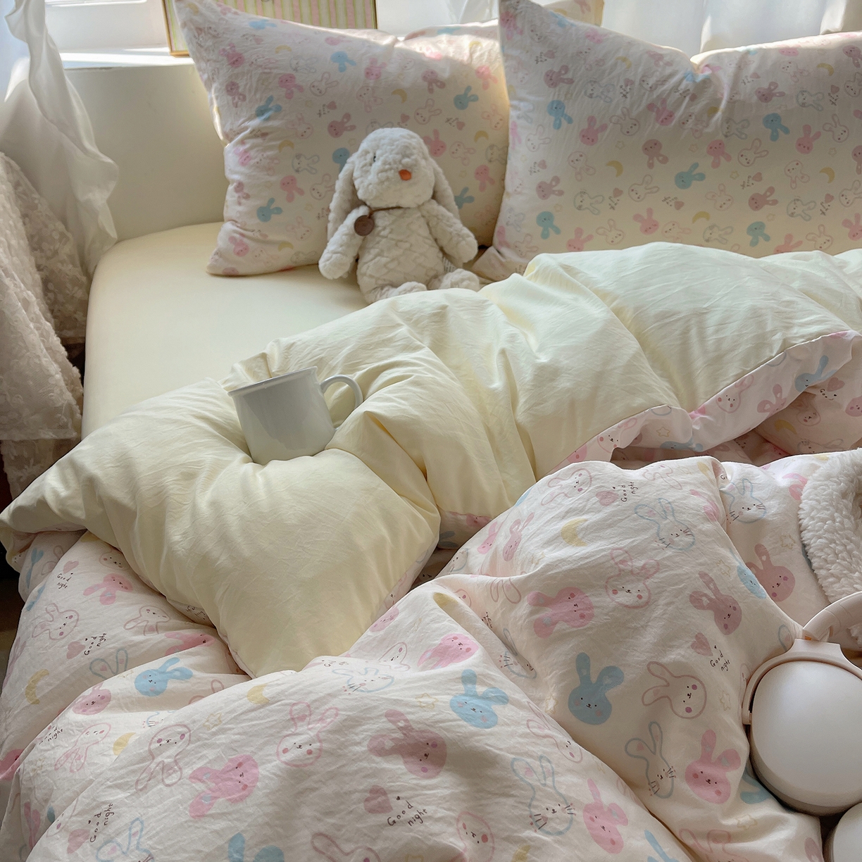 91家纺网 家纺一手货源 找家纺 初夏家纺 2026 古法仿棉水洗棉A类四件套被罩床单三件套床上用品卡通可爱【提供买家秀】 兔耳朵