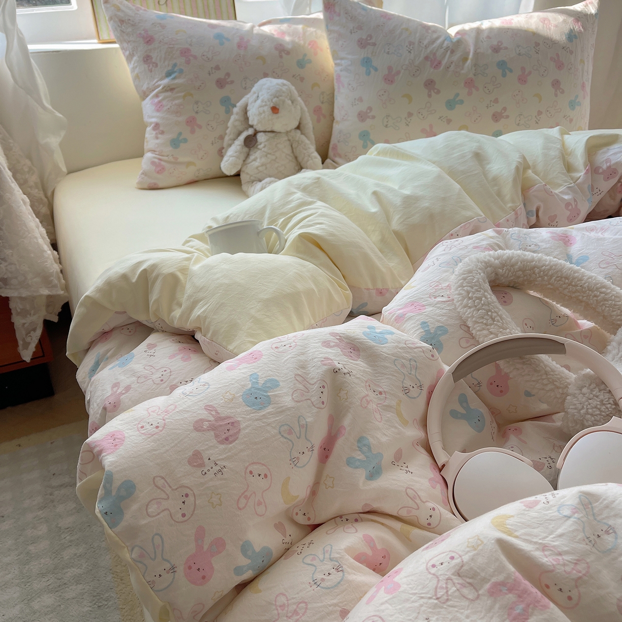 91家纺网 家纺一手货源 找家纺 初夏家纺 2026 古法仿棉水洗棉A类四件套被罩床单三件套床上用品卡通可爱【提供买家秀】 兔耳朵