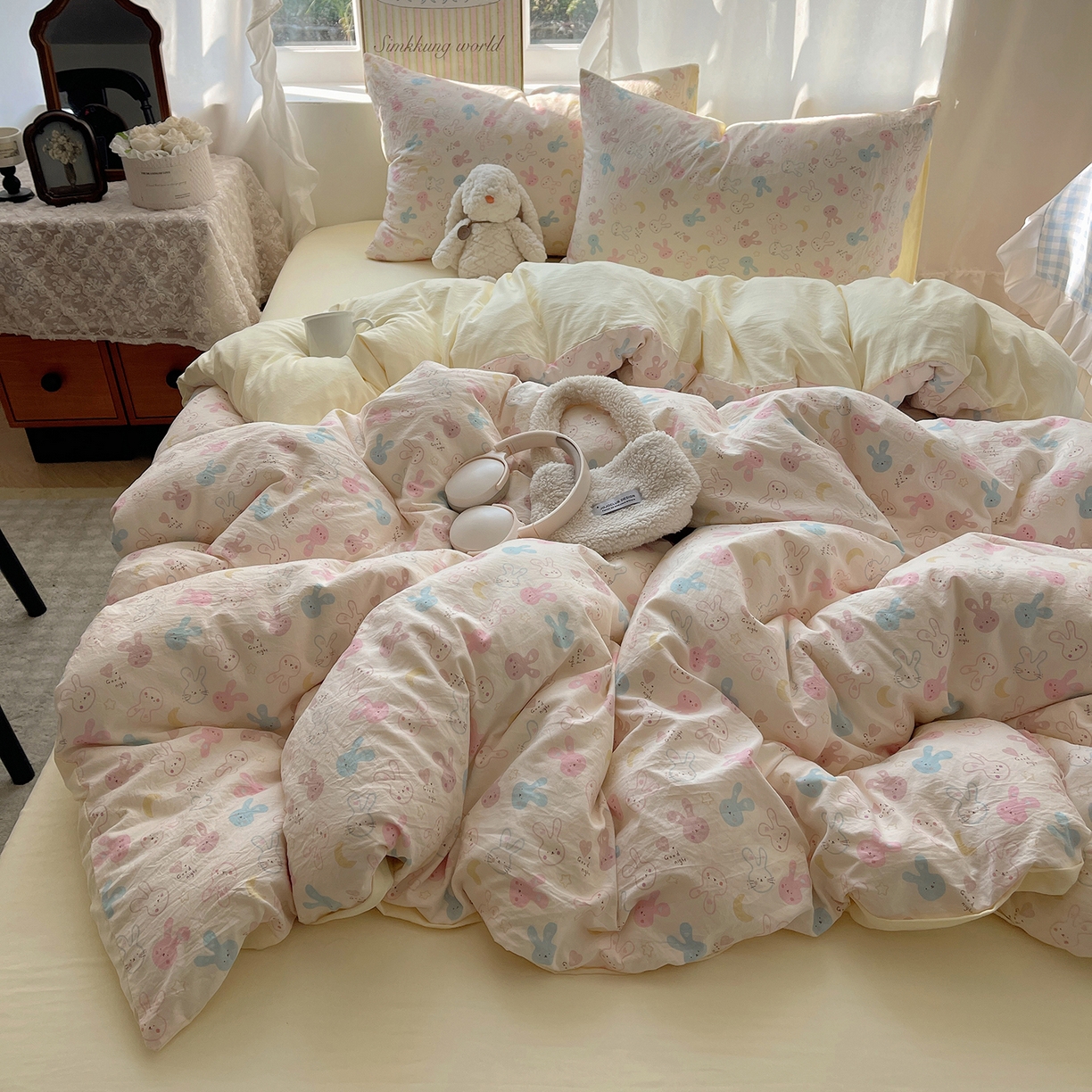 91家纺网 家纺一手货源 找家纺 初夏家纺 2026 古法仿棉水洗棉A类四件套被罩床单三件套床上用品卡通可爱【提供买家秀】 兔耳朵