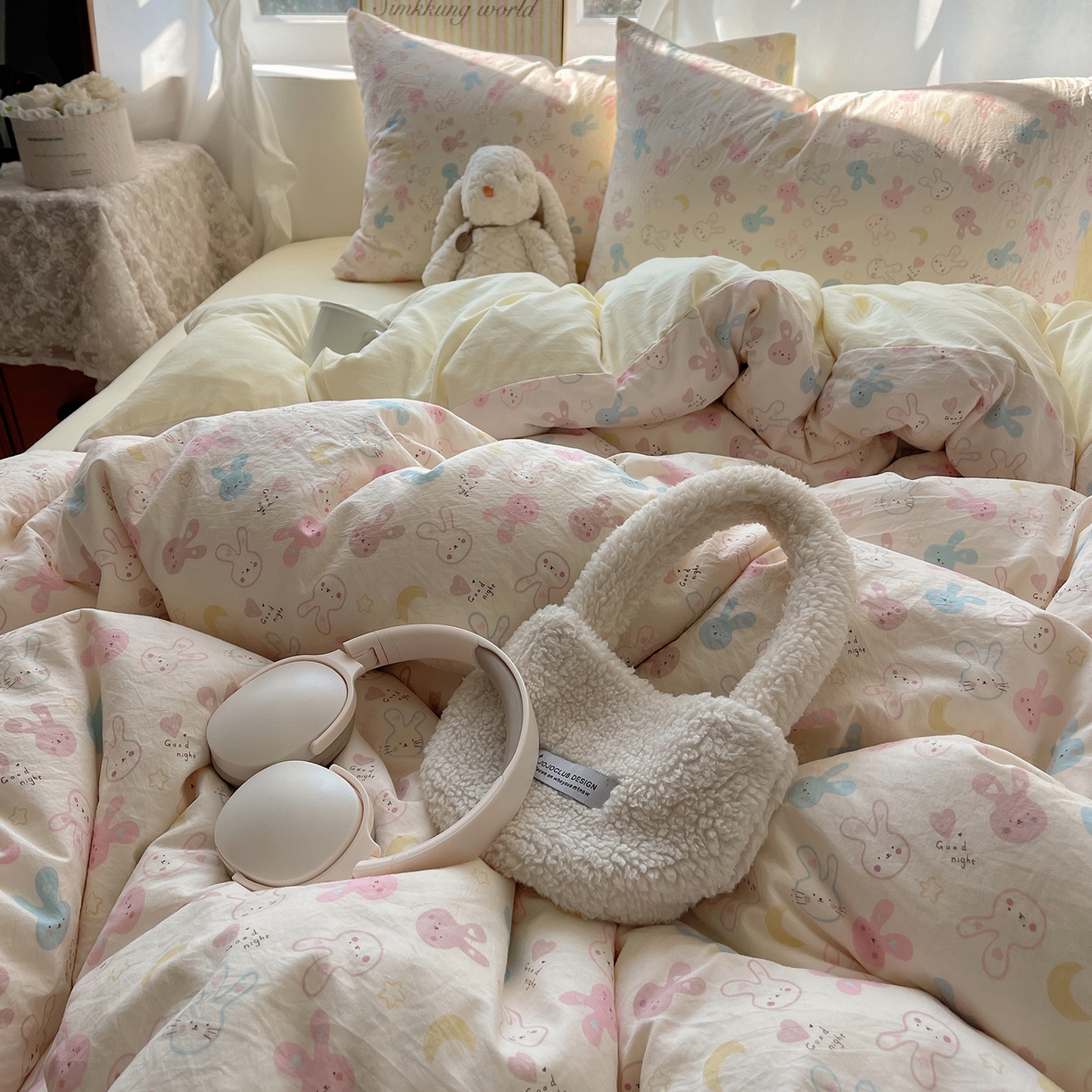 91家纺网 家纺一手货源 找家纺 初夏家纺 2026 古法仿棉水洗棉A类四件套被罩床单三件套床上用品卡通可爱【提供买家秀】 兔耳朵