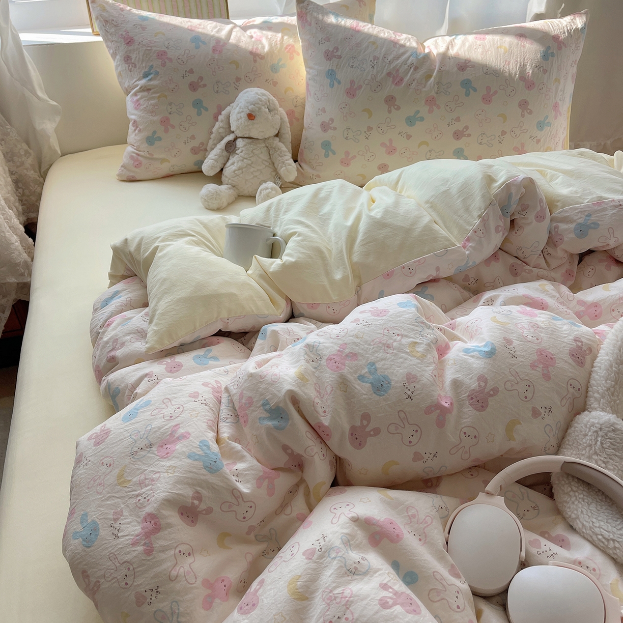 91家纺网 家纺一手货源 找家纺 初夏家纺 2026 古法仿棉水洗棉A类四件套被罩床单三件套床上用品卡通可爱【提供买家秀】 兔耳朵