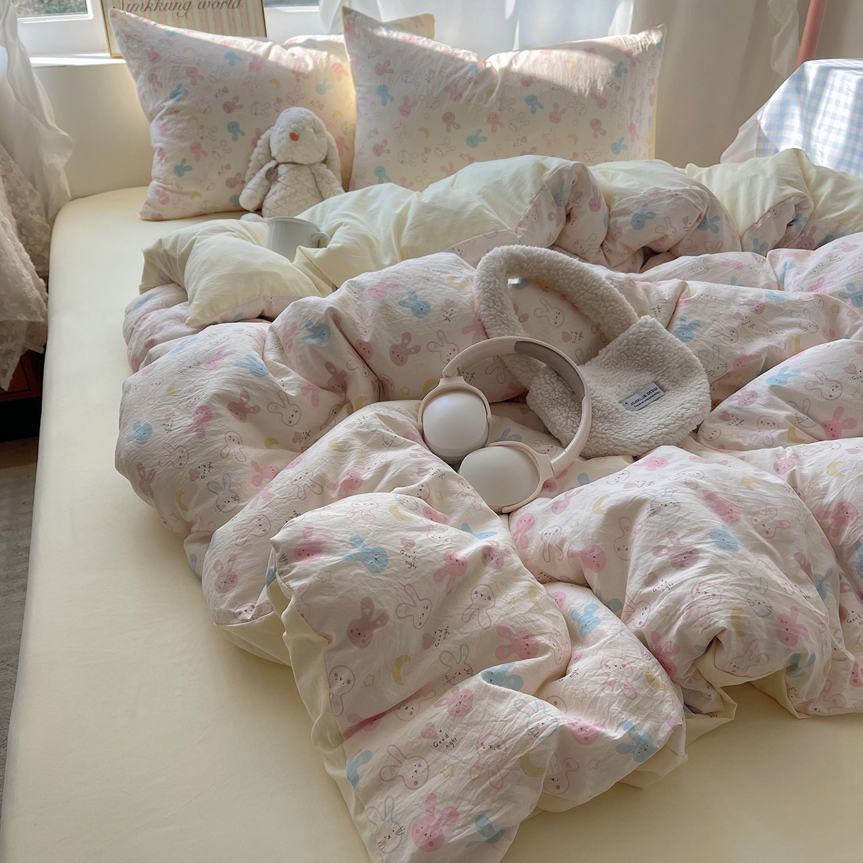 91家纺网 家纺一手货源 找家纺 初夏家纺 2026 古法仿棉水洗棉A类四件套被罩床单三件套床上用品卡通可爱【提供买家秀】 兔耳朵