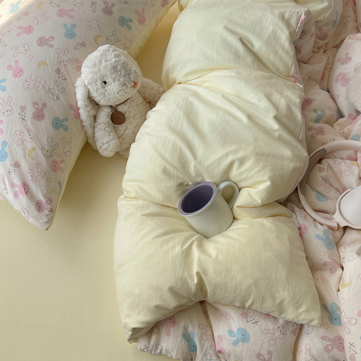 91家纺网 家纺一手货源 找家纺 初夏家纺 2026 古法仿棉水洗棉A类四件套被罩床单三件套床上用品卡通可爱【提供买家秀】 兔耳朵