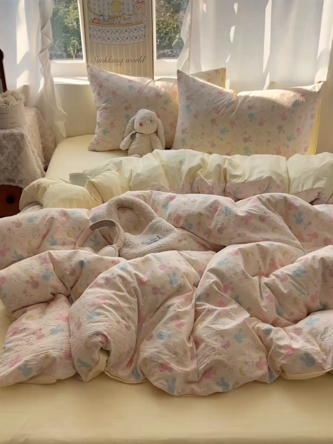 91家纺网 家纺一手货源 找家纺 初夏家纺 2026 古法仿棉水洗棉A类四件套被罩床单三件套床上用品卡通可爱【提供买家秀】 兔耳朵