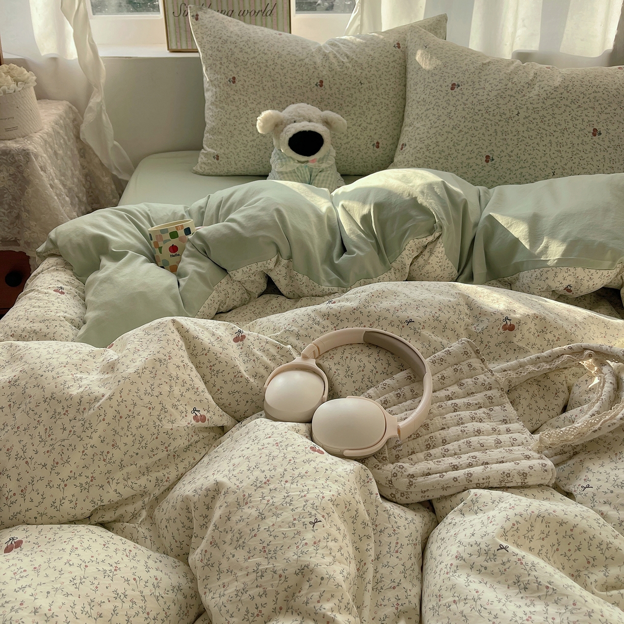 91家纺网 家纺一手货源 找家纺 初夏家纺 2026 古法仿棉水洗棉A类四件套被罩床单三件套床上用品卡通可爱【提供买家秀】 樱桃物语