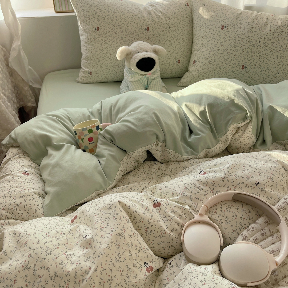 91家纺网 家纺一手货源 找家纺 初夏家纺 2026 古法仿棉水洗棉A类四件套被罩床单三件套床上用品卡通可爱【提供买家秀】 樱桃物语