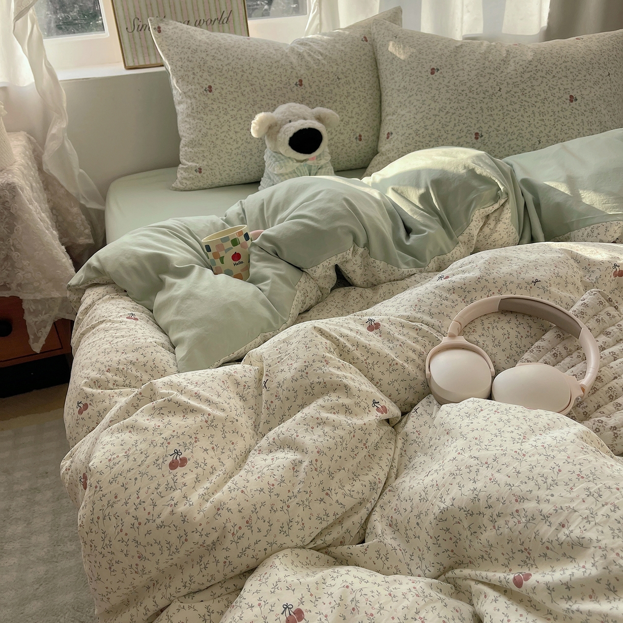 91家纺网 家纺一手货源 找家纺 初夏家纺 2026 古法仿棉水洗棉A类四件套被罩床单三件套床上用品卡通可爱【提供买家秀】 樱桃物语