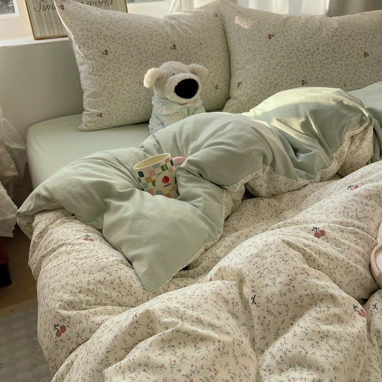 91家纺网 家纺一手货源 找家纺 初夏家纺 2026 古法仿棉水洗棉A类四件套被罩床单三件套床上用品卡通可爱【提供买家秀】 樱桃物语