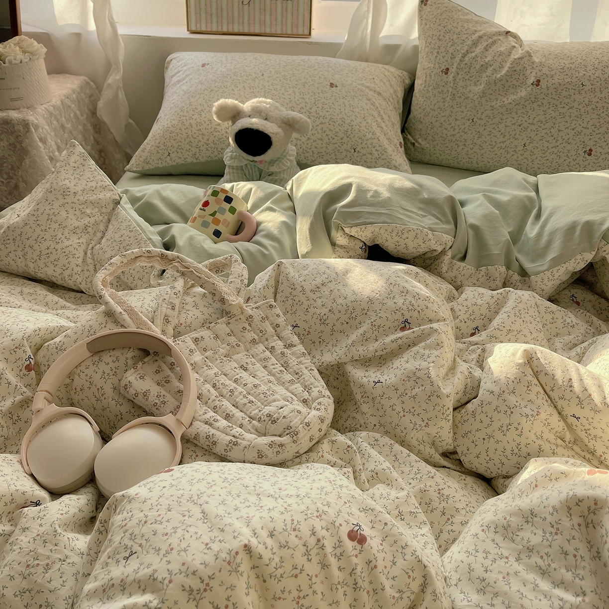 91家纺网 家纺一手货源 找家纺 初夏家纺 2026 古法仿棉水洗棉A类四件套被罩床单三件套床上用品卡通可爱【提供买家秀】 樱桃物语